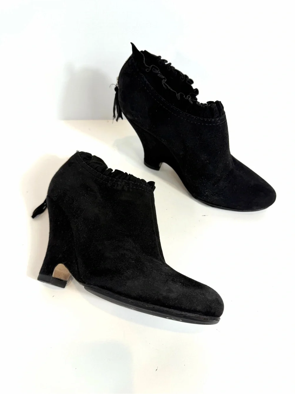 Miu Miu Black Suede Ruffle Trim Sculpted Wedge Ankle Boots EU 36.5 / US 6.5